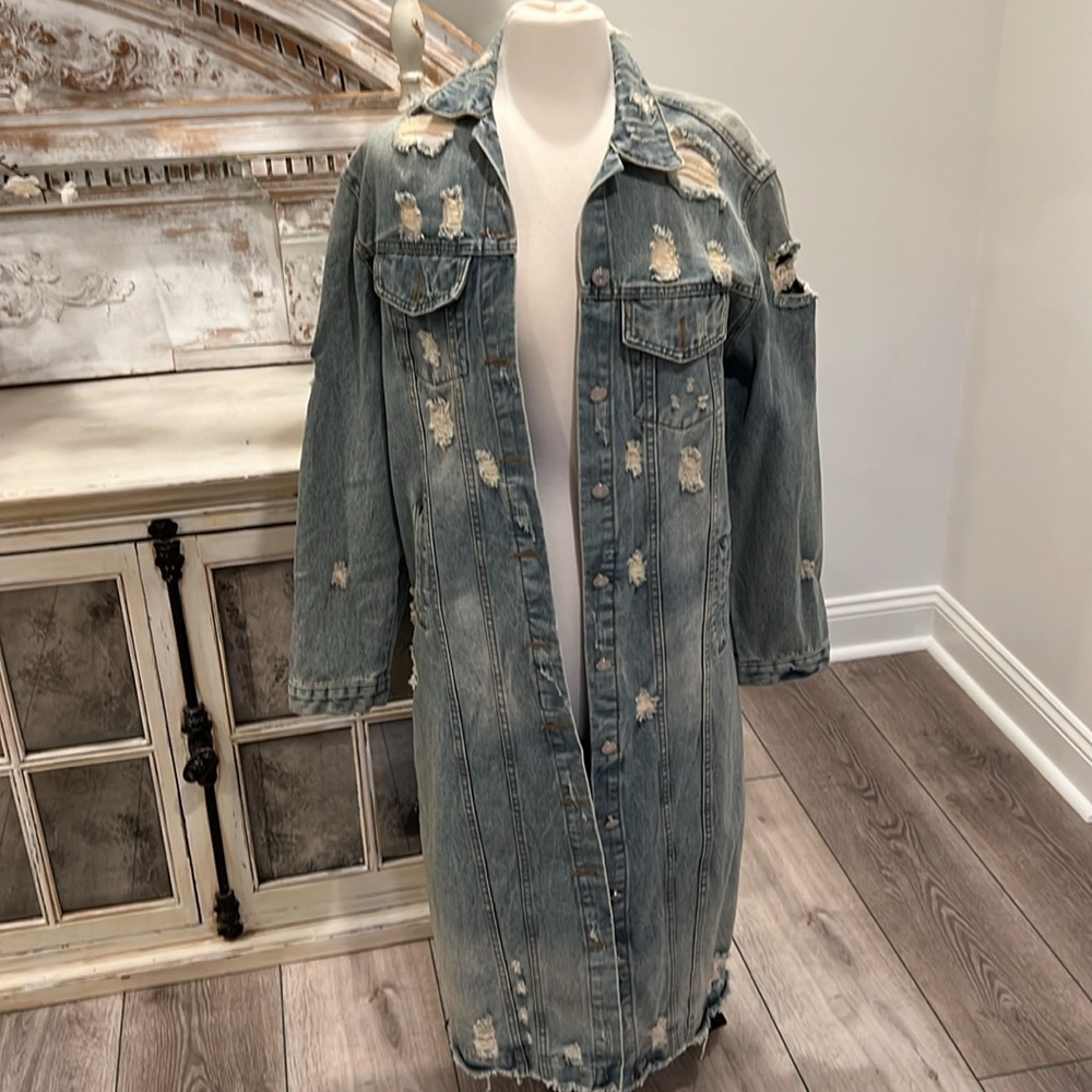 NWT Oversized Distressed Denim Maxi Trench